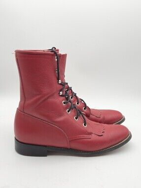Vintage Justin Diamond J Cherry Red Leather Lace up Roper Kiltie Boots Size 7.5